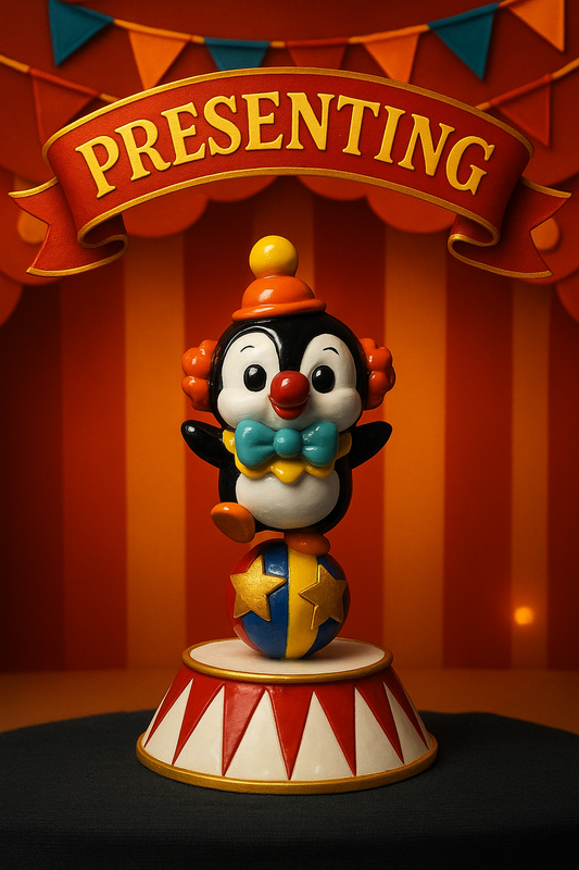 Spinning Circus Performer Penguin Figurine – Whimsical Collectible | Cute Clown Penguin Balancing on Ball | Vintage Carnival Decor