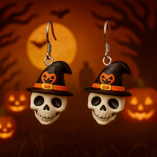 Skull Witch Hat Earrings – Handmade Halloween Jewelry