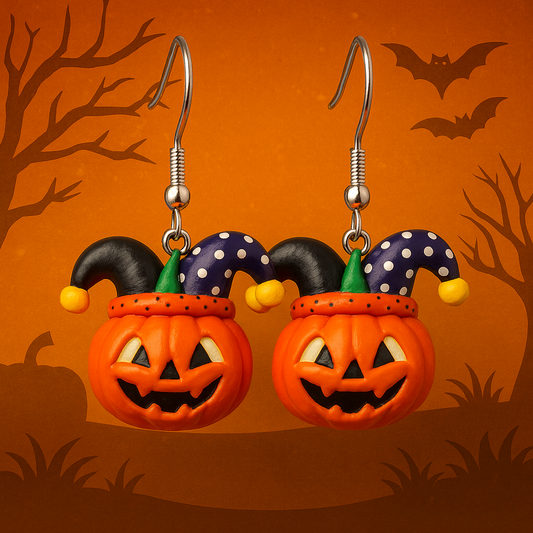 Pumpkin Jester Earrings – Handmade Halloween Jack-o’-Lantern Jewelry